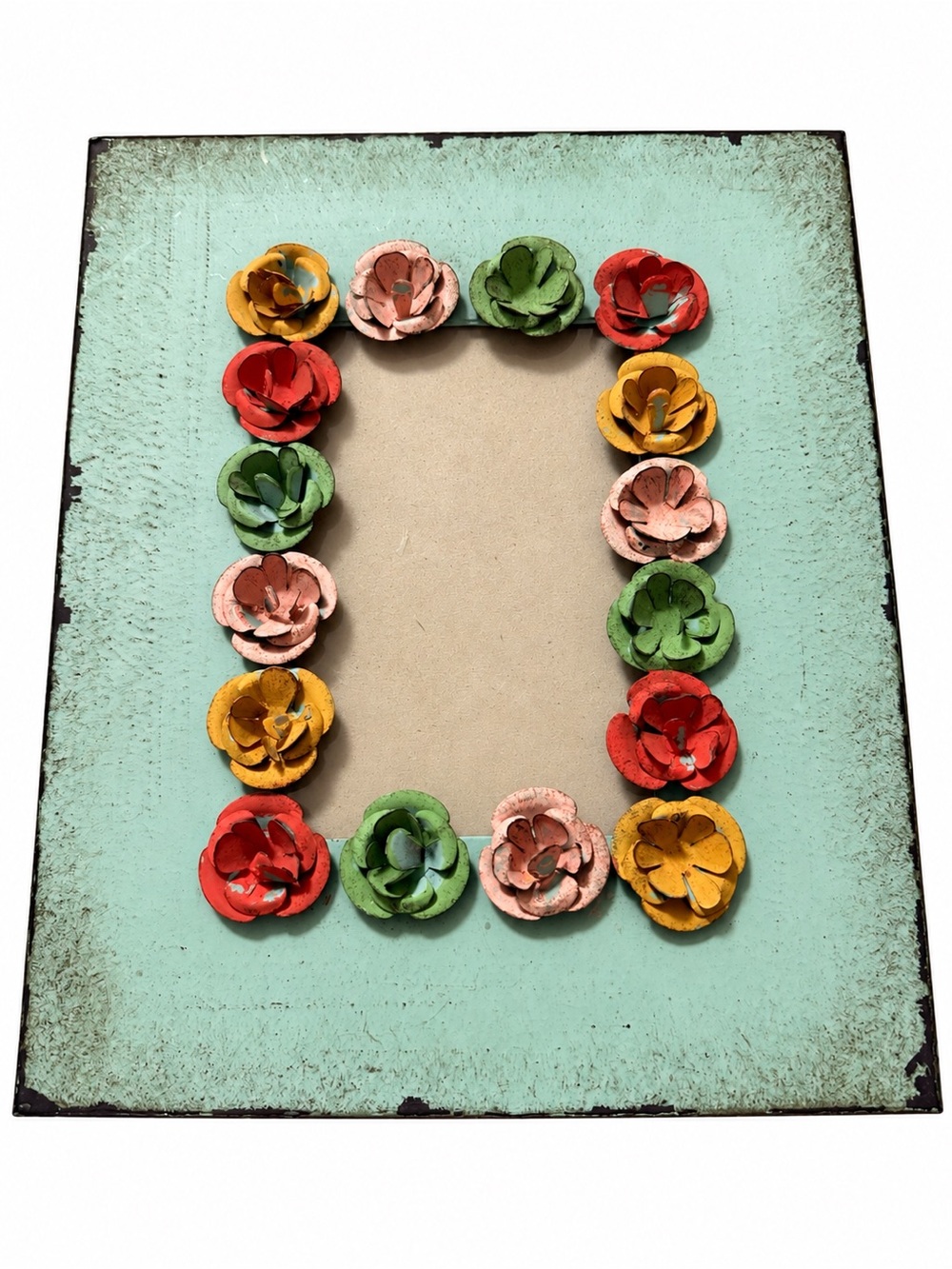 Distressed Aqua Metal Floral Picture Frame – Shabby Chic Cottagecore